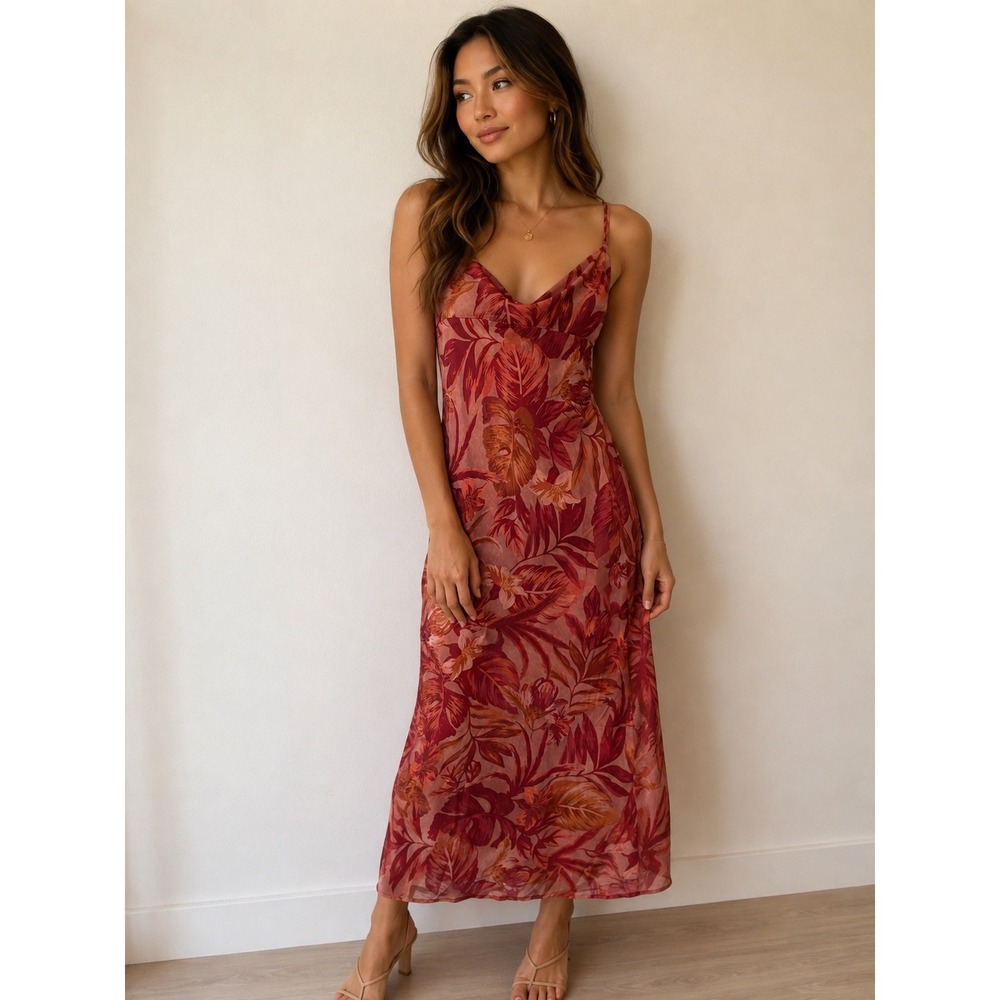 RNWY Tropical Floral Cowl Neck Midi Dress Terracotta Rose Pink Small US 4